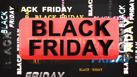 Lots of Black Friday characters on a red and black background,Festival,Sale banners,clearance and discount.,3d renderingの写真素材