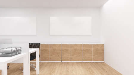 Boards on a white wall in the office space with office filing cabinets.3d rendering