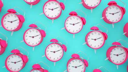 pink alarm clock on blue background,3d renderingの写真素材