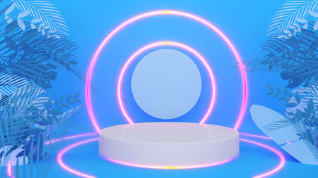 White stand on a blue background with blue botanica leaves,circle neon light,mock up podium for...