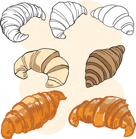 Outline bakery croissant,cartoon croissant drawing set,2d  illustration.のイラスト素材