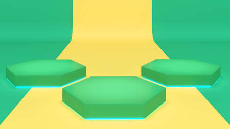 Green hexagon pedestal on a yellow and green background,mock up for presentation,3d rendering