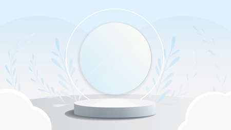 White stand with light rim on a light blue background,mock up podium for product presentation,2d  illustrationのイラスト素材