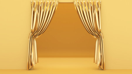 gold curtains on a gold background,mock up stage for product presentation,3d renderingの写真素材