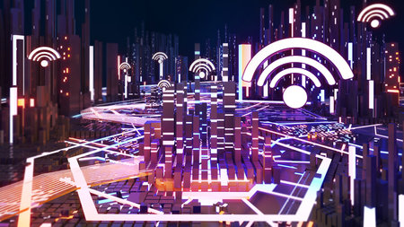 Wifi icon and network connection concept in cyber city,wireless network,cyberpunk futuristic...