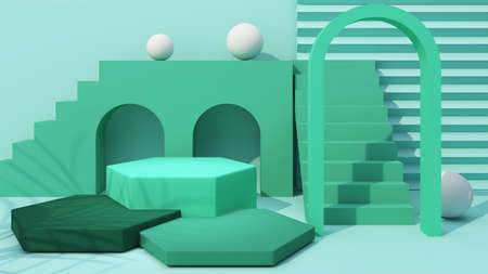 green hexagon mock up to place product samples. on a pastel light green background,3d rendering