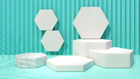 White hexagon mock up to place product samples. on a pastel light green background,3d renderingの写真素材