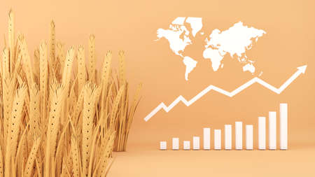 The global economy and inflation drive wheat prices higher.,wheat and price chart on light brown background,3d renderingの写真素材