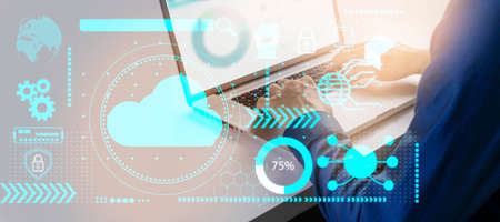 Cloud access for businessman., managing internal systems efficiently.,Cloud data transmission system...