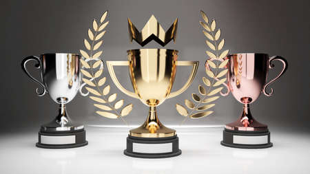 Gold trophy of the 1st place, 2nd place got a silver trophy and 3rd place got a bronze trophy.,The championship was the pinnacle of success.,competition winner,3d renderingの写真素材