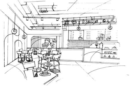 bakery shop,beverage and dessert shop sketch drawing,Modern design,vector,2d illustrationのイラスト素材