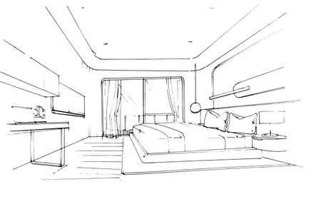sketch drawing master bedroom.,Modern design,vector,2d illustrationのイラスト素材