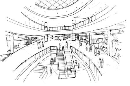 mall sketch drawing,Fashion shops and people walking around.,Modern design,vector,2d illustrationのイラスト素材