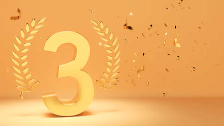 3rd anniversary,victory celebration, 3rd  place. Gold color on a gold background.3d renderingの写真素材