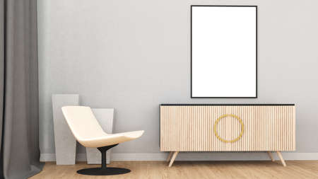 Picture frame mockup on white wall background and wooden floor with furniture.,3d renderingの写真素材