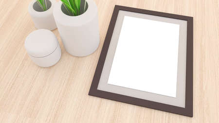 Mock up frame on wood table,Mockup poster or picture,3d rendering