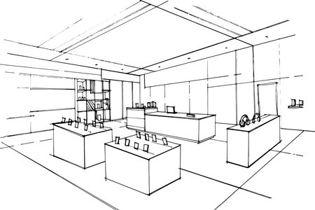 sketch drawing of electronic equipment store,computer and gadget shop. ,Modern design,vector,2d illustrationのイラスト素材