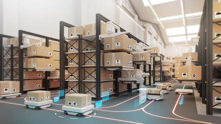 Large warehouses use robotic arms and delivery robots to pick up the goods. using automation in...