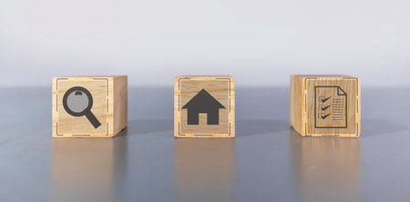 House search and inspection icon on wooden box light gray background,Study information before making a decision to chooseの写真素材