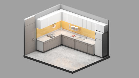 Isometric view of a kitchen,residential area, 3d rendering.の写真素材