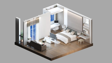 Isometric view of a master bedroom and living area,residential area, 3d rendering.の写真素材