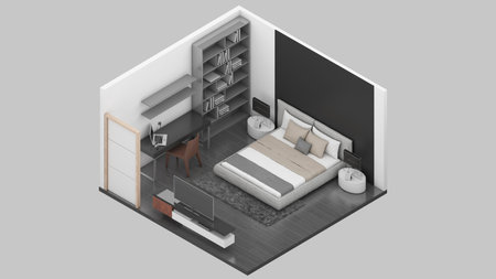 Isometric view of a bedroom,residential area, 3d rendering.の写真素材