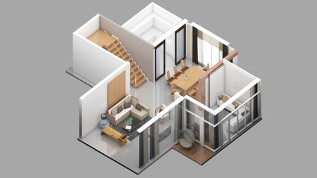 Isometric view of a living room and dining,residential area, 3d rendering.