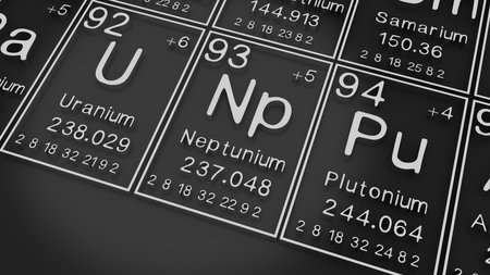 Uranium, Neptunium, Plutonium on the periodic table of the elements on black blackground,history of...