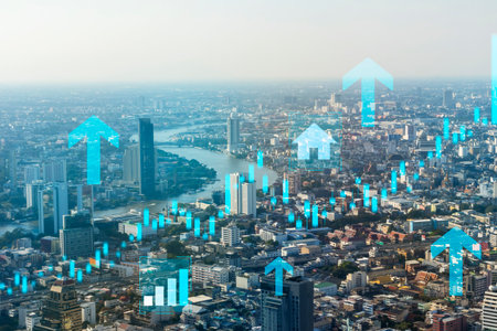 House prices increase, real estate values skyrocket. more mortgages,big city during daytime panoramic view of the high-rise cityの写真素材