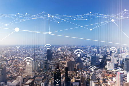 future technology and communication Abstract background of an internet concept, 5G connectivity in...