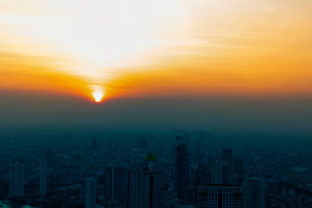 Sunset in the evening in a large metropolis,Gorgeous panorama scenic of the sunset with cloud, No focus, specifically.の写真素材