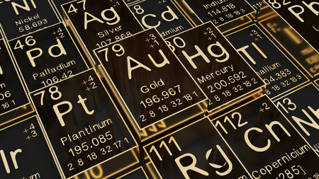 Gold  on the periodic table of the elements on black blackground,history of chemical elements, represents the atomic number and symbol.,3d renderingの写真素材