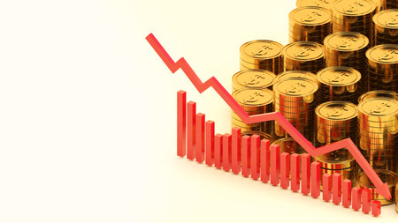 gold coin and red arrow downtrend on white background,US Dollar Coins and Savings,3d renderingの写真素材