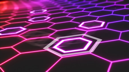 Hexagon shape background illustration with neon light,hexagon-shaped floors and walls with neon lights. for product presentation,3d renderingの写真素材