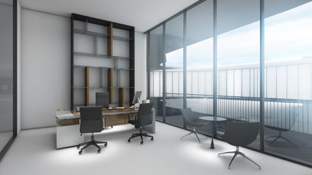 Company executive office Wooden floor, white walls and executive desk.,3d renderingの写真素材