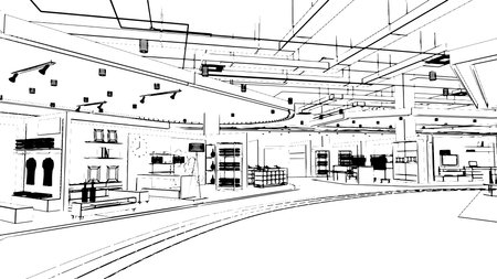 line drawing of the area of the department store hall,fashion store section,3d renderingのイラスト素材
