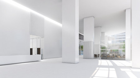 large office hall The white structure shines with light.Office space,3d renderingの写真素材