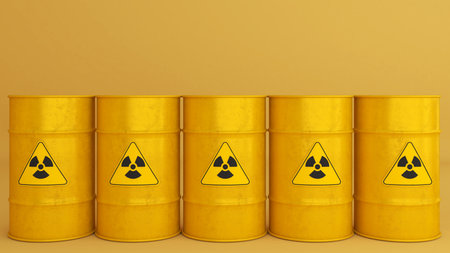 Radioactive storage tanks with a warning for chemical and radiation risks on a yellow backdrop.,3d renderingの写真素材