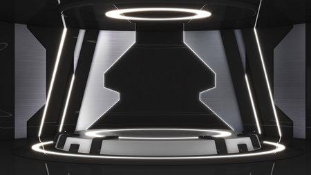 White stand with neon light rim on a si-fi background,podium mockup for future technology for...