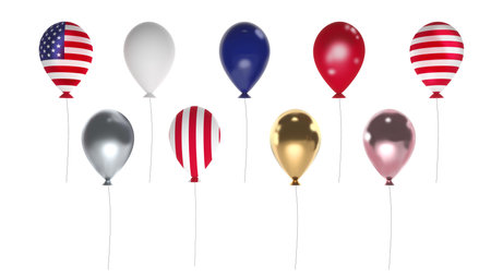 Balloons in various colors, gold, silver, bronze and the colors of the US flag. 4th of July USA Independence Day celebration on white background for events.,3d renderingの写真素材