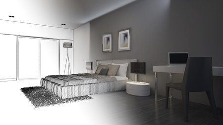 Bedroom of the home.a combination of line drawings and color.,3d rendering