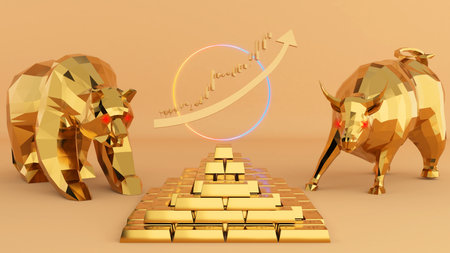 Gold bull and bear market chart Profitability in bull and bear Market Investment and business world,3D renderingの写真素材