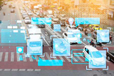 Utilize camera technology to keep tabs on individuals and cars in public areas. ,Verifying the status of persons and vehicles with AIの写真素材