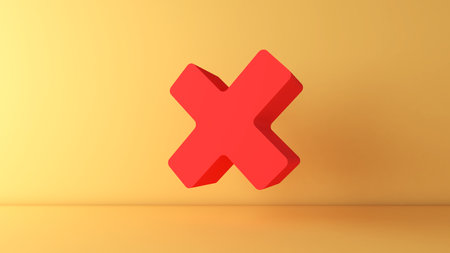 red wrong mark on a yellow background ,fault notification warning,3d renderingの写真素材