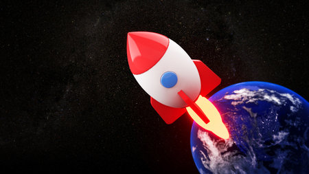 Space background with rocket launching from Earth, business startup ,Experiencing new challenges, exploring new things, 3D renderingの写真素材