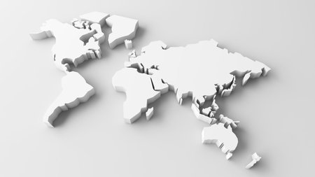 Minimal world map, flat 3d world map illustration, white background world map, 3d renderingの写真素材