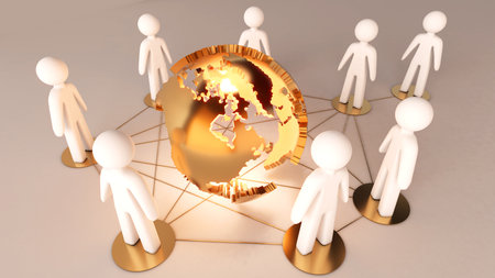 Collaboration system is a network in a global organization. connect people Achieving common goals, 3D renderingの写真素材