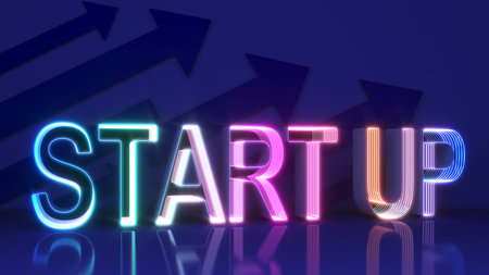 business start lettering with neon light, abstract image of startup, raise the challenge, higher level of competition, 3d renderingの写真素材