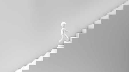 step towards success journey to the goal Corridor staircase on white background, Past behind, but future in front, 3D renderingの写真素材