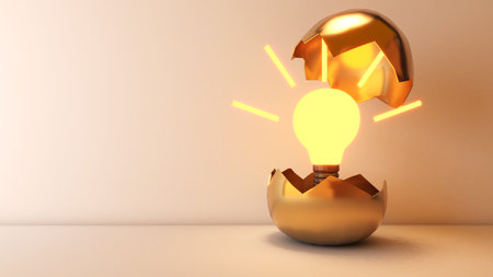enlightenment and understanding of various things Discovery of new knowledge from hatching, lightbulb ,3d renderingの写真素材